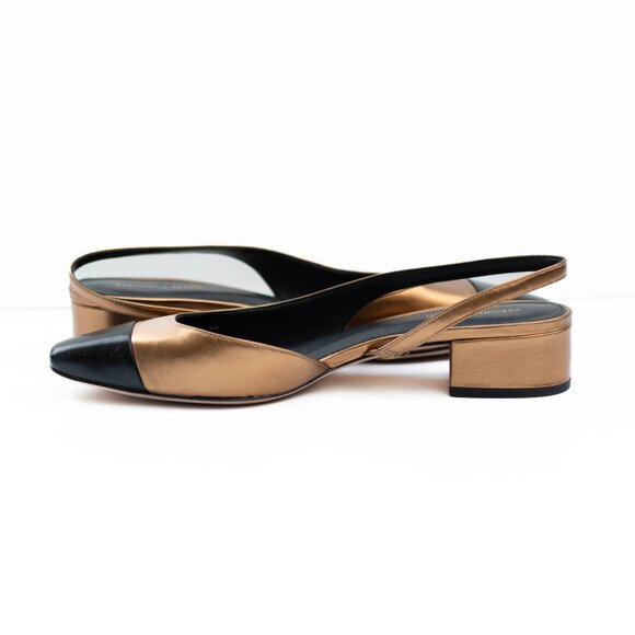 Veronica Beard Cecile Slingback Flats Gold Black Leather Cap Toe 9M Shoes NWOB - Picture 4 of 13